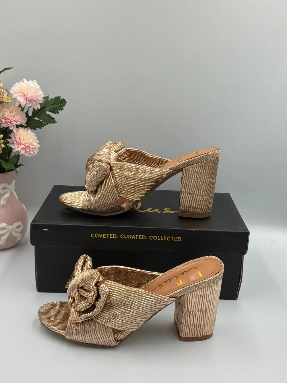Lulu's Metallic Rose Gold Knot Block Heel Mules